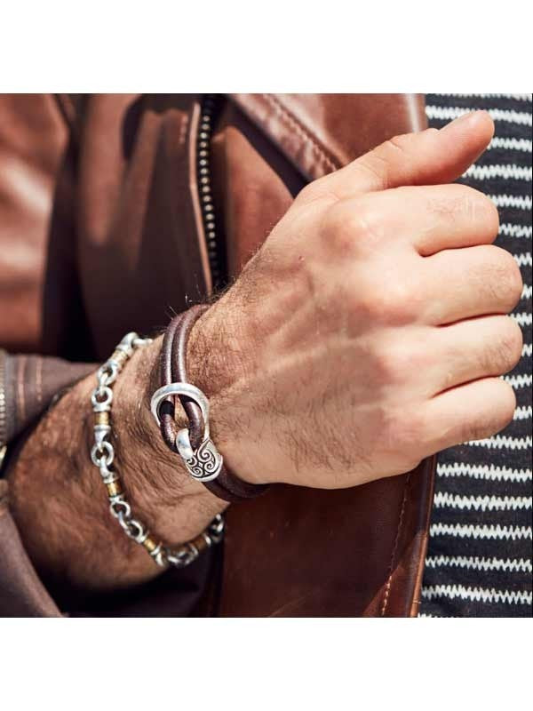 Silver Men's Leather Buckle Bracelet