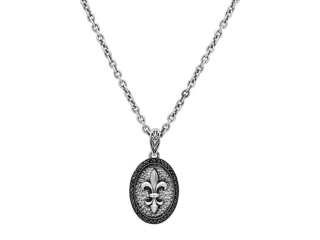 John Varvatos, Fleur De Lis Pendant Necklace with Black Diamonds