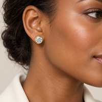 AI-generated styling view of 2 CTW bezel diamond studs in 14K gold; see product photo for exact details