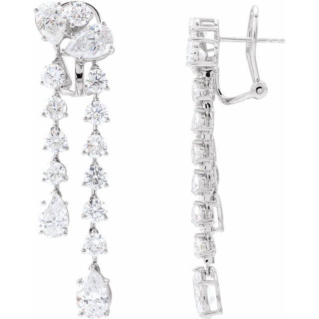 14K white gold lab-grown diamond dangle earrings with round and pear stones, front and side views