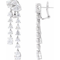 14K white gold lab-grown diamond dangle earrings with round and pear stones, front and side views