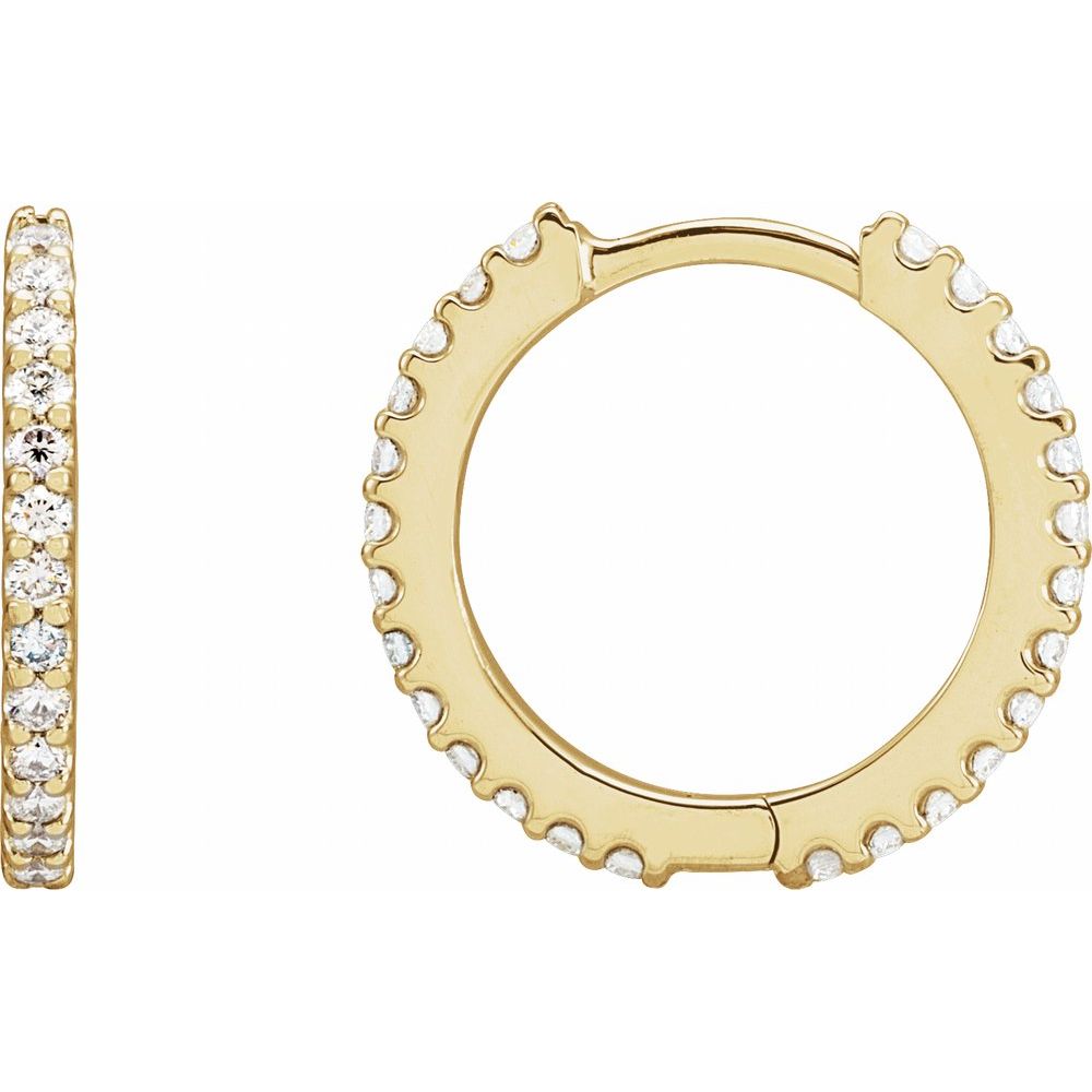 Pair of 14K yellow gold natural diamond hinged hoop earrings, 16 × 14.6 mm